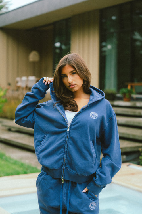 Distressed Zip Hoodie (Washed Blue)